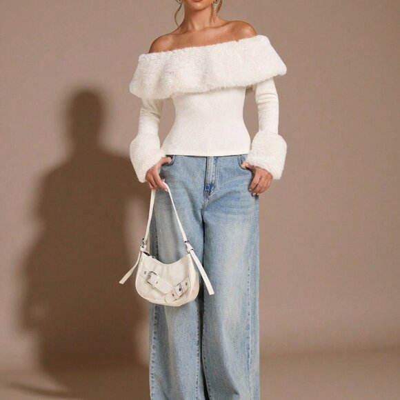 Women's Casual Off Shoulder Fuzzy faux fur detailed  Sweater Top - Picture 3 of 7